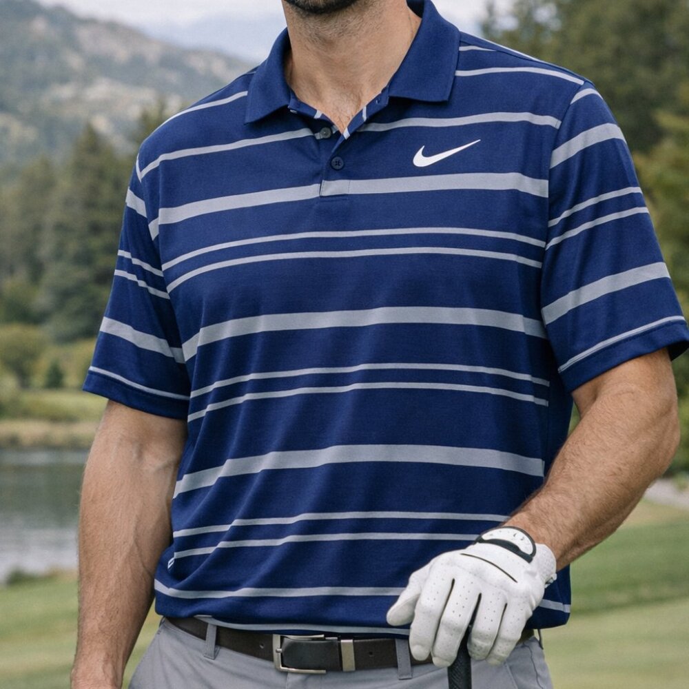 Nike Dri-FIT Striped Polo Shirt Men’s Large Blue White Golf Performance Top